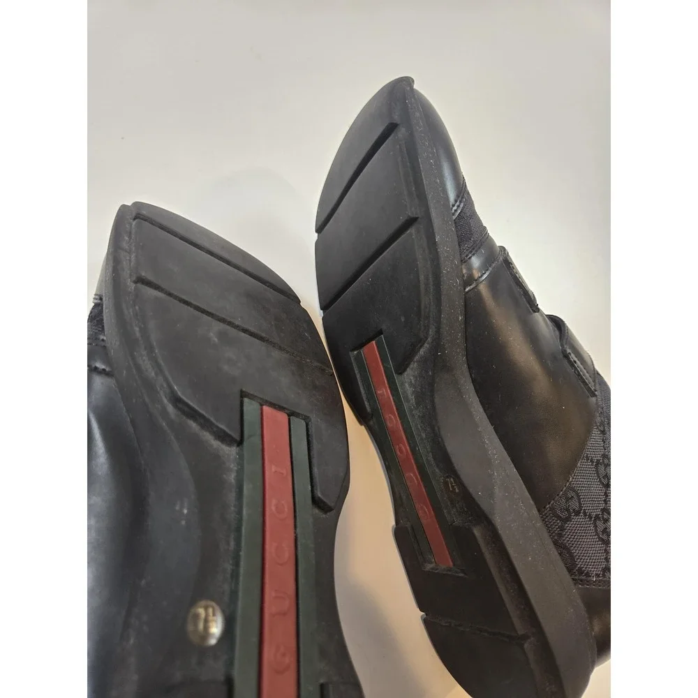 Gucci Shoes Mens Size 7.5 Black Strap Leather Canvas Logo Made In Italy